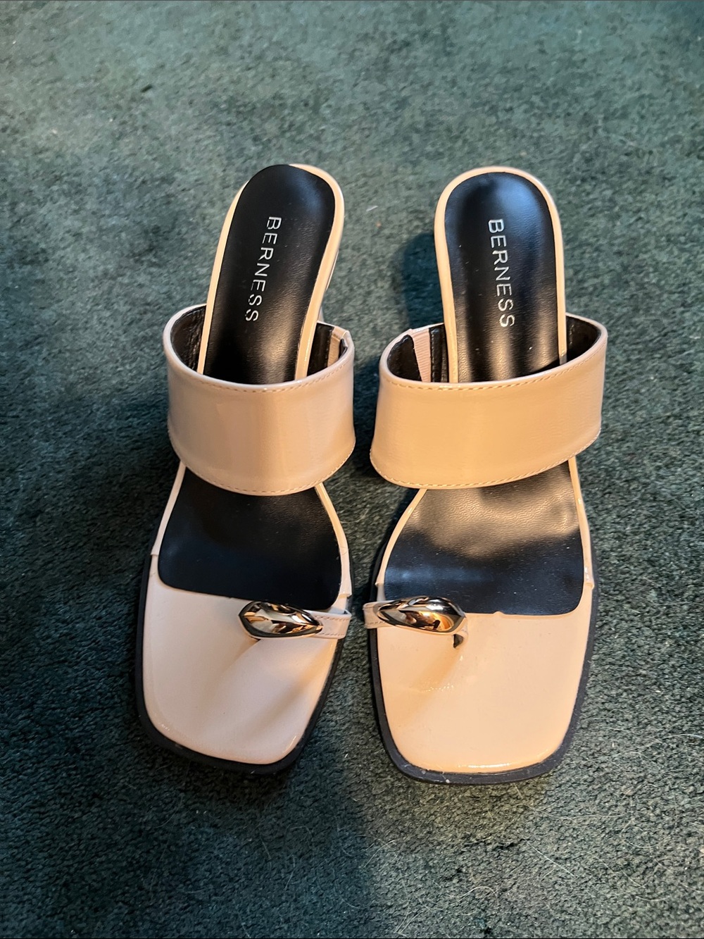 Women's Nude Square-Toe Slide Sandals with Gold Accent